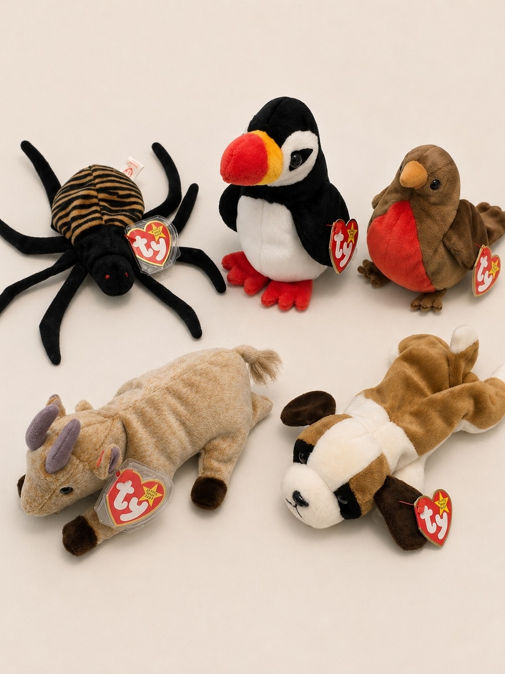 Ty Beanie Babies Lot Of 5 Vintage 1996-99 Animals Birds Spider Goat Dog 90s Kid